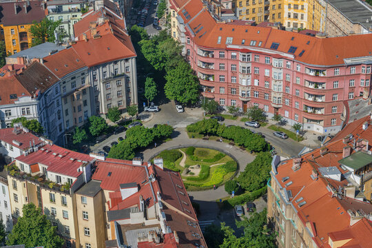 The aerial view captures Skroupovo square in Prague
