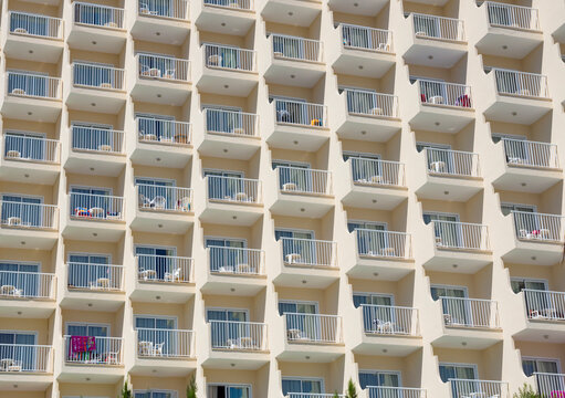 Spain, Baleares, Mallorca, rows of balconies of a hotel