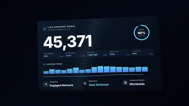 Digital analytics dashboard showing audience growth reaching a fifty thousand milestone with animated charts.