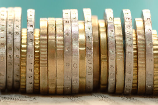 Piled euro coins, close-up