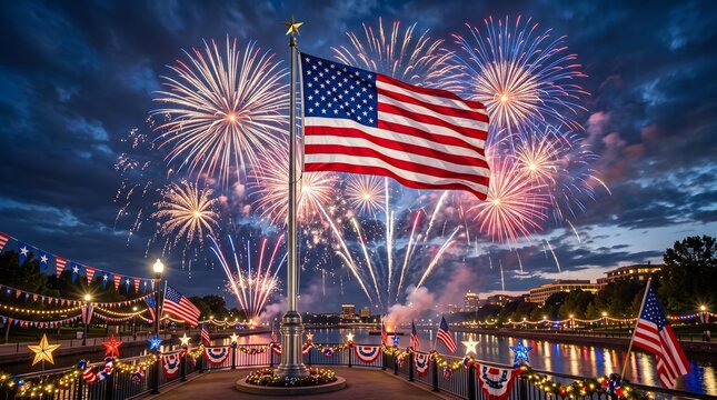 American flag waving proudly on a tall flagpole during a vibrant Independence Day celebration featuring bright colorful fireworks lighting up the evening sky over a calm and reflective river surface.
