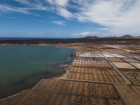 Aerial view shows Salinas de Janubio salt flats in Lanzarote