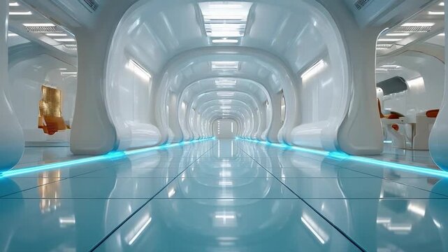 Futuristic Corridor: A sleek, modern corridor with glowing blue accents and polished floors evokes a sense of advanced technology and sleek design.