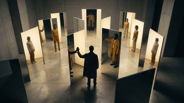Man in long coat standing inside circular room of mirrors interacting with multiple glowing reflections in high contrast artistic lighting with a cinematic moody atmosphere