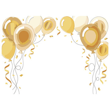 Elegant celebration golden balloon arch border vector element featuring luxury metallic gold helium balloons curling streamers and confetti isolated on white background