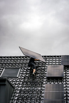 A roofer carries a solar panel on a roof during modernization