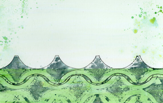 Green watercolor painting shows abstract wave pattern with copy space
