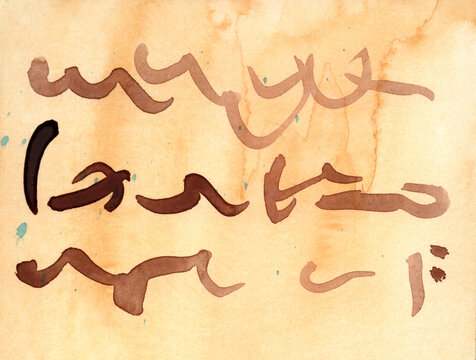 Abstract asemic calligraphy covers the stained vintage paper background