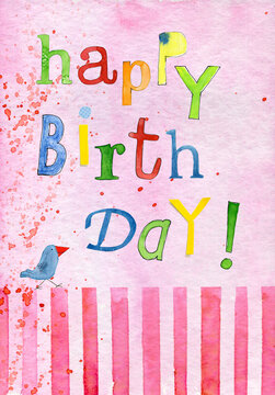 Pink watercolor happy birthday card with colorful letters and bird