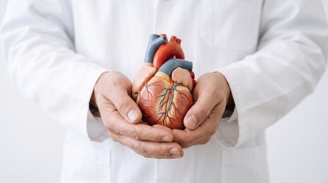 Medical professional holding a detailed anatomical heart model in white coat hands demonstrating cardiac health care awareness for clinical diagnostic cardiology and surgical research studies