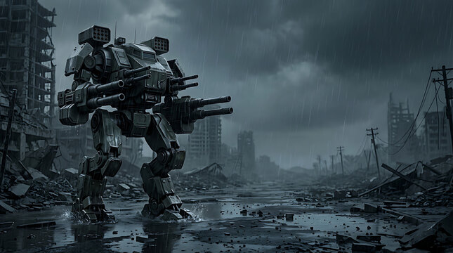 Heavy military combat mech robot standing in a ruined city destroyed by war under a stormy sky