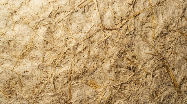Close up view of a rough textured beige wall with straw and mud plaster finish