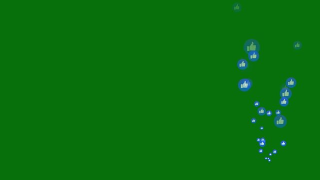 Animated social media reaction icons including blue like and thumbs up signs floating upwards during a live stream on green background, Blue thumbs up like icon 4k loop