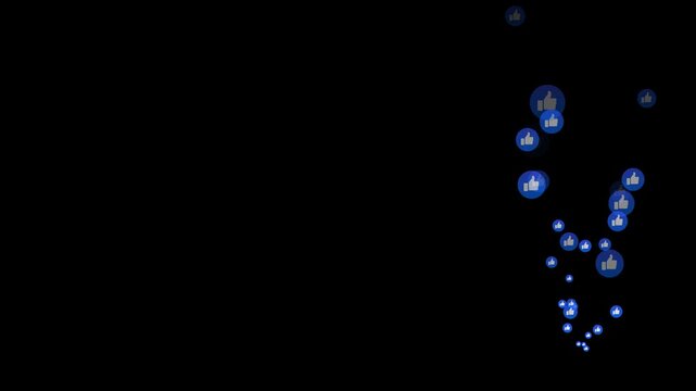 Animated social media reaction icons including blue like and thumbs up signs floating upwards during a live stream on black background, Blue thumbs up like icon 4k loop