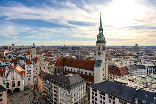 An aerial view shows St Peter church and Old Town Hall in Munich