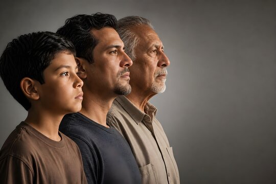 Three generations of Hispanic men in profile, looking ahead with hope