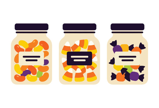 Glass candy jars filled with Halloween sweets vector illustration isolated on white background.