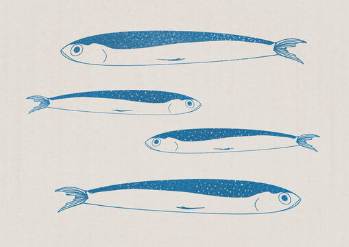 Minimalist blue illustration of anchovy fish swimming in the ocean