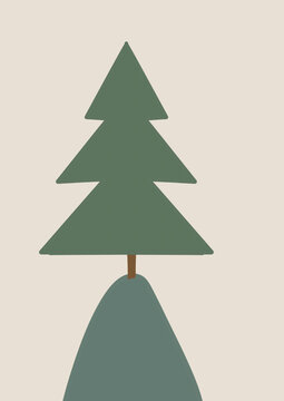 Stylized drawing of a green pine tree on a hill
