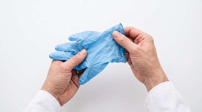Blue nitrile medical gloves held by hands of a healthcare professional in a clean white coat against a plain background for clinical safety and protection