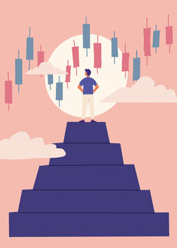 Businessman stands on stairs looking at stock market trading chart