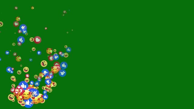 Stream animated social media reaction emojis with hearts, love, care, like, haha, floating upwards on a green background, 4k Social media concept reacting to a positive viral post