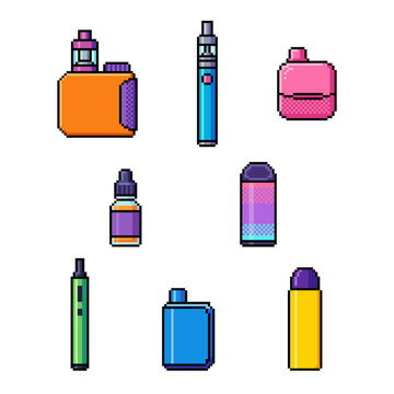 90s retro pixel vape pen and e cigarette collection or 8 bit electronic device set. Nostalgia gaming with colorful vaporizer, vapor and portable cartridge or pod with disposable accessory elements