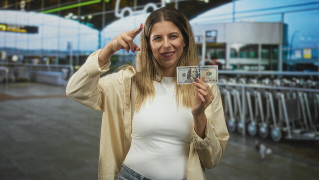 Woman holding crisp hundred dollar banknote, smiling and points finger to temple near baggage trolleys in airport; confidence winning.