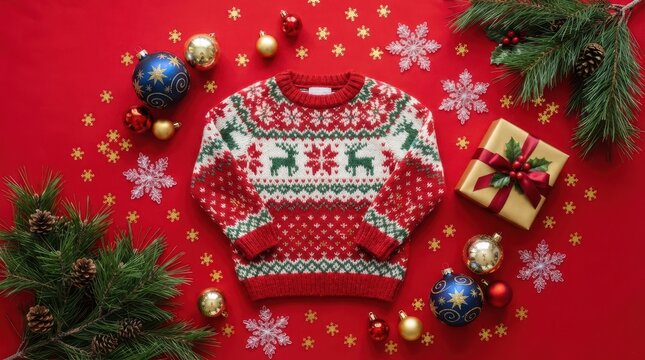 Merry Christmas Festive flat lay background with traditional knitted sweater and Christmas ornaments on red surface for seasonal holiday sales