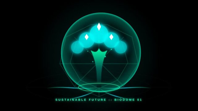 Futuristic Biodome Concept Animation Featuring Digital Glowing Tree Structure in Transparent Sphere