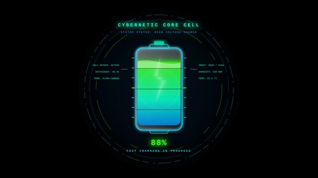 Futuristic Cybernetic Core Cell Battery Charging Interface Animation with Glowing Energy Data Display