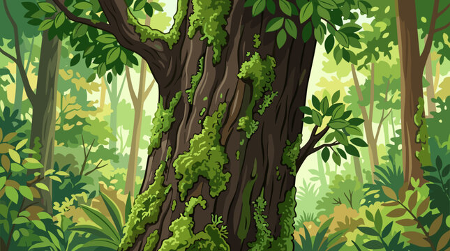 Vector illustration of a close-up tree trunk covered in vibrant green moss within a dense forest environment featuring layered green foliage, textured bark, and soft natural lighting.