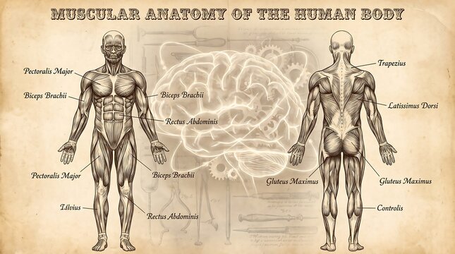 Vintage muscular anatomy of the human body poster, antique medical illustration of male muscles, sepia anatomical chart with brain