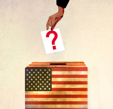 Hand dropping ballot with question mark into USA election box