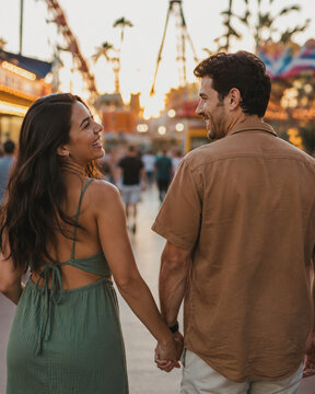 Happy couple holding hands and strolling through an amusement park at sunset, sharing a relaxed romantic moment among softly blurred rides and lights.