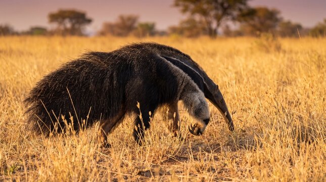A giant anteater walking through tall grass with its enormous bushy tail raised, photographed from a rear three-quarter angle in natural South American grassland