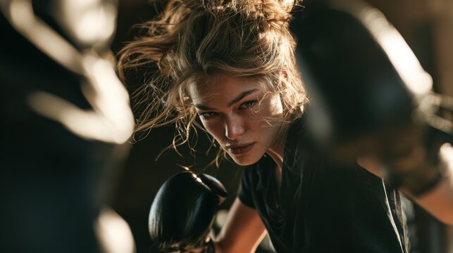 Intense focused young woman with messy hair wearing black gloves training boxing in dim gym environment with dramatic lighting