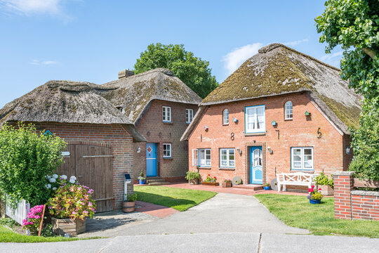 A thatch-roofed house stands in Honkenswarf on a sunny summer day