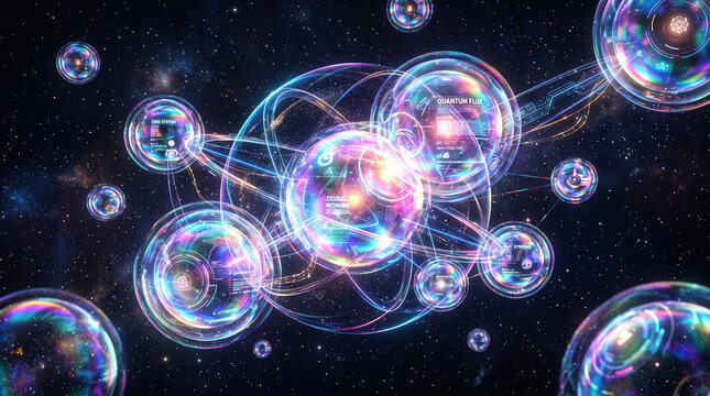 Abstract Holographic 3D Background, Quantum neural network concept with glowing holographic spheres floating in cosmic space interconnected data bubbles, digital science system