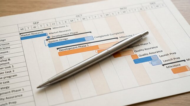 Professional Gantt chart project schedule on paper with silver pen. Business timeline planning document for corporate management and strategy.