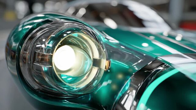 Vintage Headlight Detail: A close-up shot showcases the intricate design of a vintage car's headlight, with its luminous bulb and polished chrome accents reflecting the deep emerald green paintwork.