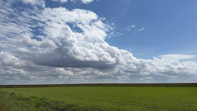 A dramatic weather front covers the green marshland in Denmark