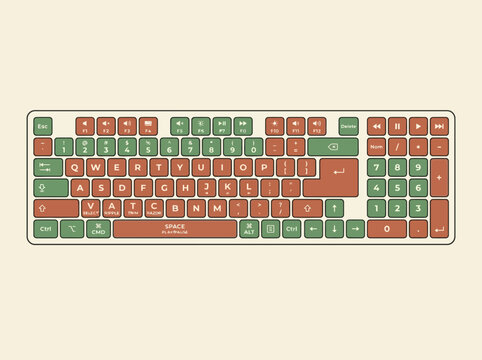 Retro Styled Mechanical Keyboard Illustration with Green and Orange Keys.