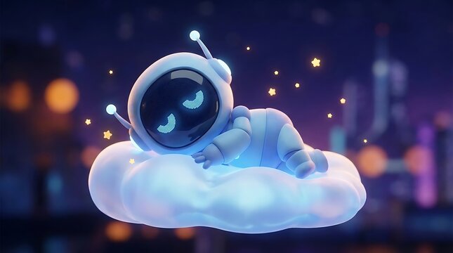 Cute baby robot sleeping peacefully on a fluffy white cloud in a dark night sky with glowing stars and soft blue ambient lighting 3d render