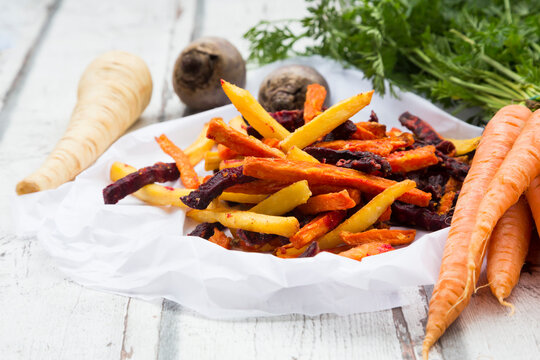 Sweet potato, carrot and parsnip fries