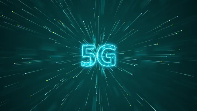 Motion graphic of glowing 5g telecommunication text surrounded by high speed light trails, creating a dynamic zooming effect for modern mobile network and internet technology ads.