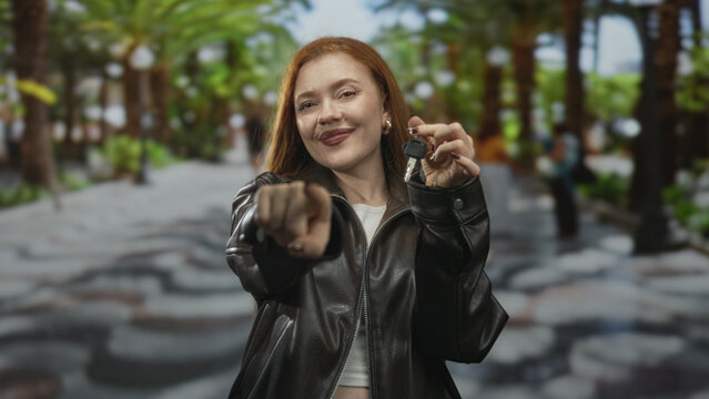 Redhead woman points finger toward camera and holds car key fob while smiling in a palm lined street; confidence ownership.