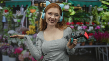 Redhead woman holding gamepad and wearing cat ear headphones, palm up gesture at a street flower market  playful joy. © Krakenimages.com