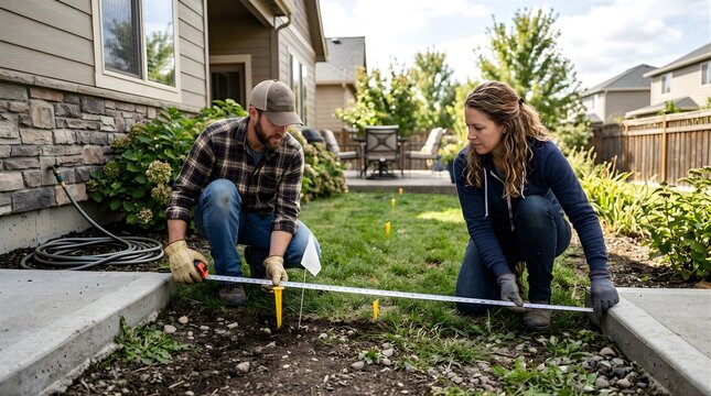Couple measuring garden border with tape measure for home renovation