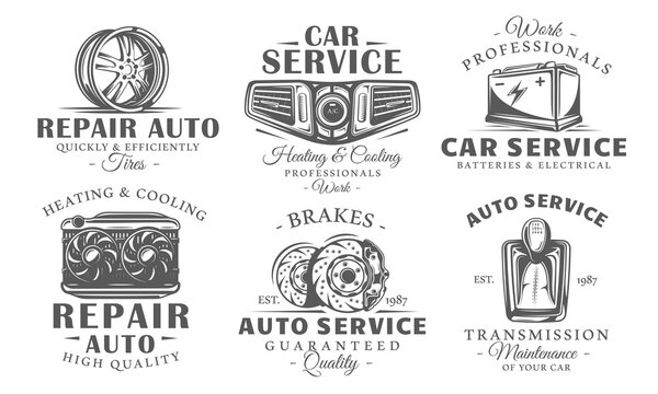 Car part logo set includes a battery, wheel rim, radiator fan, brake discs, air conditioning panel and gearbox. Design element for auto service branding and car repair. Vector illustration